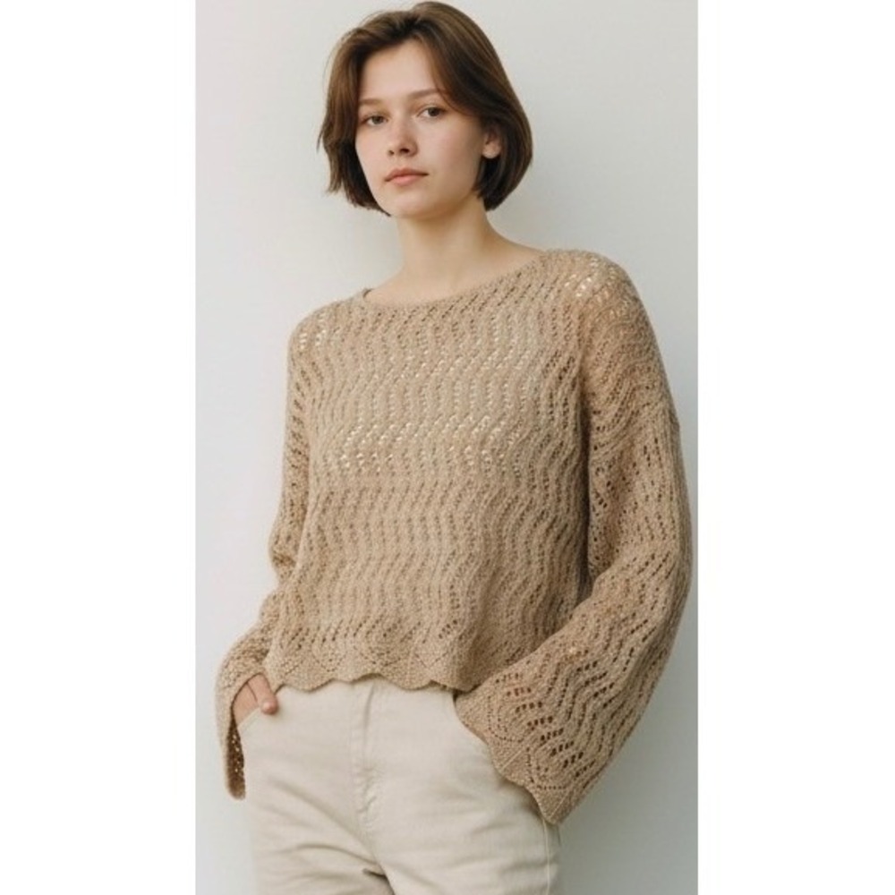 American Eagle Tan Pointelle Knit Sweater Scalloped Hem Boho Beige Size Medium